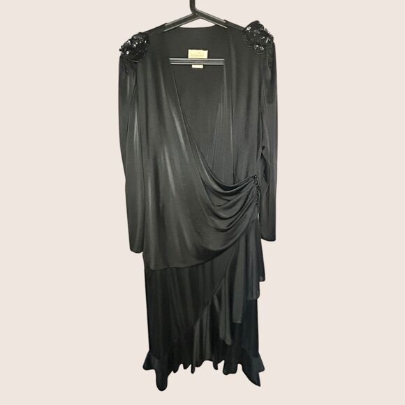 🖤 VINTAGE 80s DOES 20s BLACK FLAPPER BEADED DRESS L/XL ROAMAN'S - Picture 2 of 11